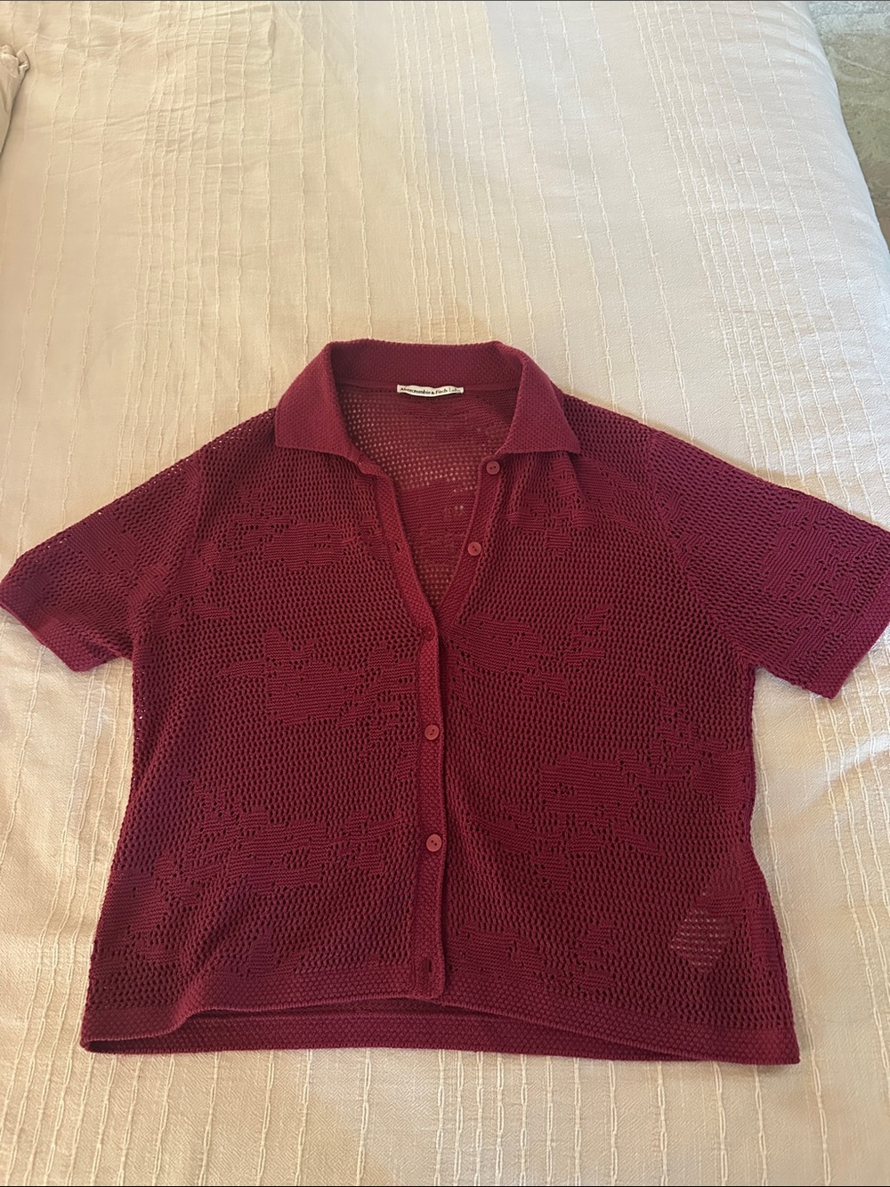 Abercrombie & Fitch Openwork Short-Sleeve Button-Front Cardigan - Burgundy